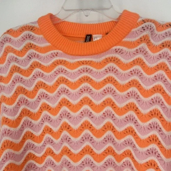 H&M Divided Orange Pink Crochet Pointelle Knit Cropped Sweater Slouchy Size M - Picture 2 of 9